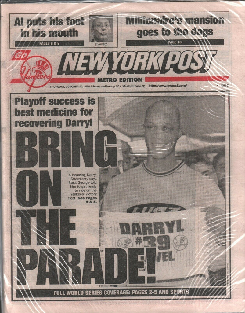 New York Post October 22 1998 Darryl Strawberry New York Yankees 020320AME