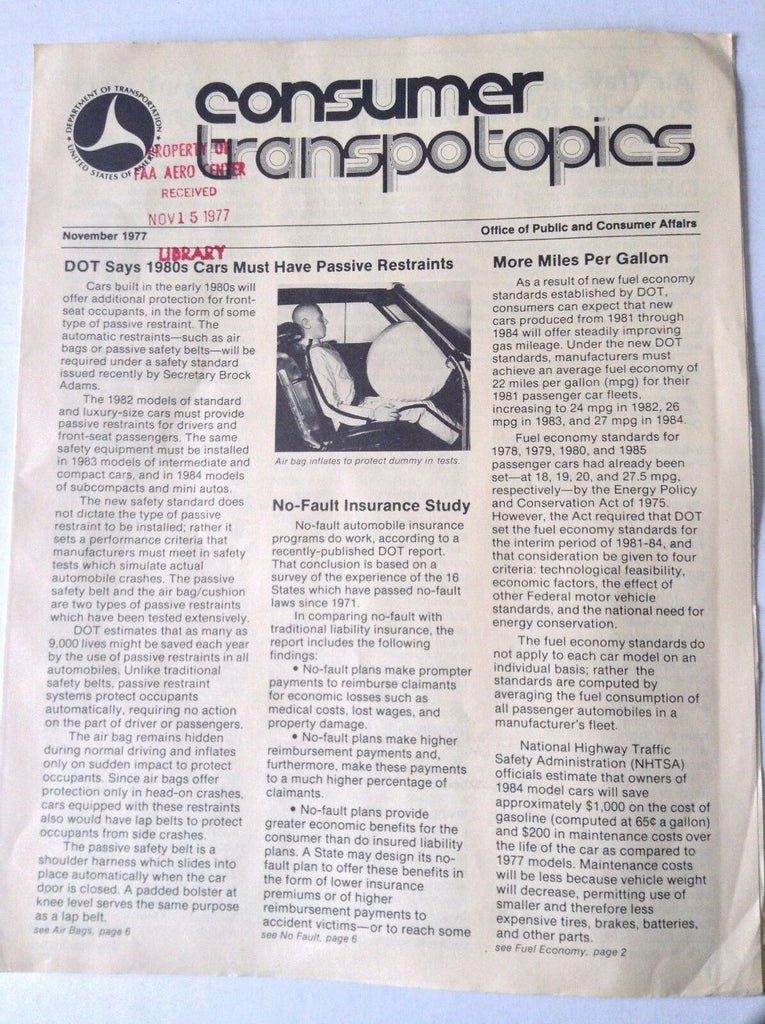 Consumer Transpotopics Magazine DOT Restraints November 1977 FAL 050717nonrh
