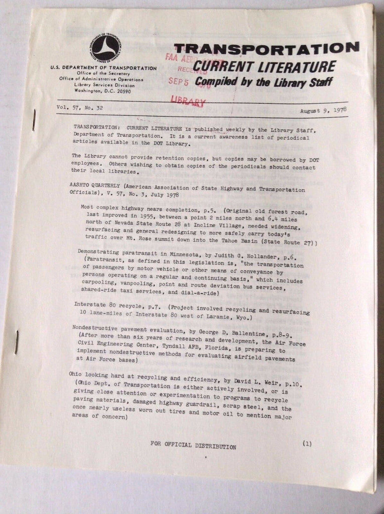 Transportation Current Literature Magazine August 9, 1978 FAL 050517nonrh