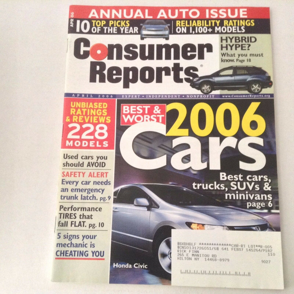 Consumer Reports Magazine Honda Civic Annual Auto Issue April 2006 060517nonrh