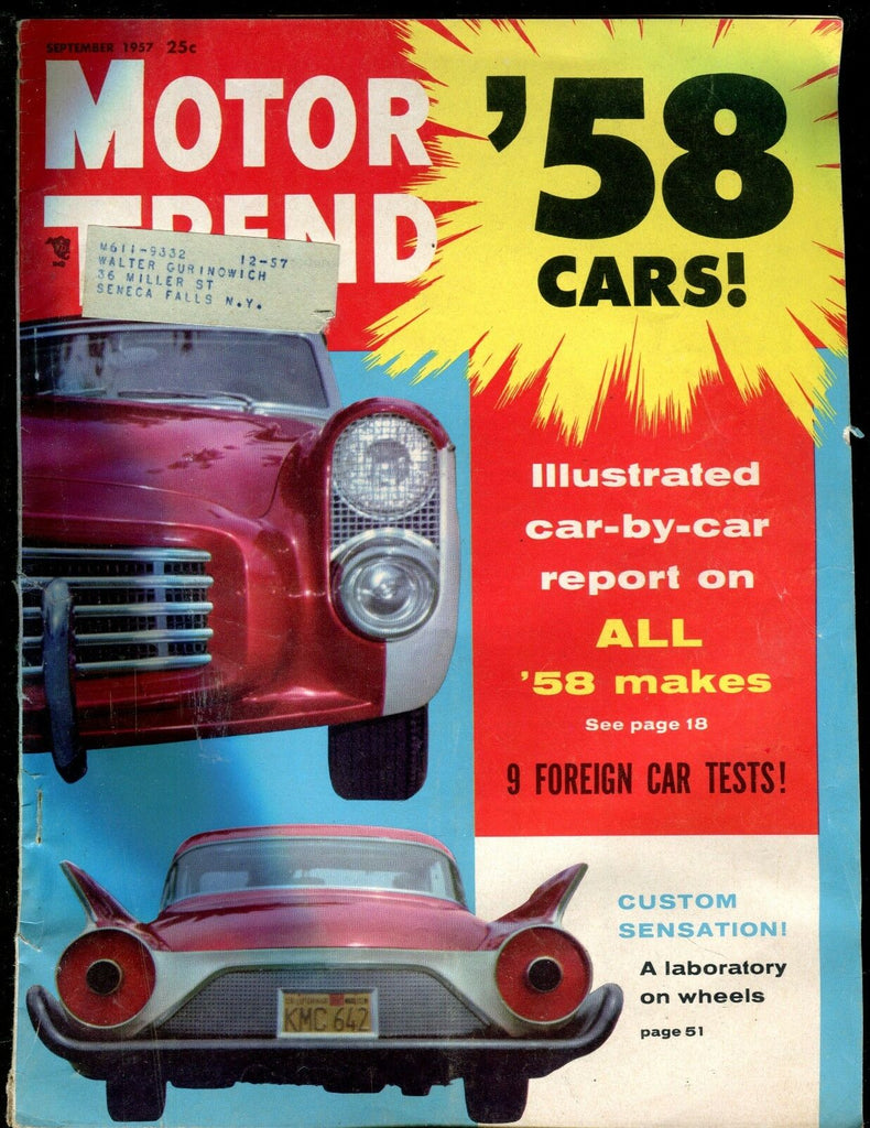 Motor Trend Magazine September 1957 '58 Cars! VG w/ML 011617jhe