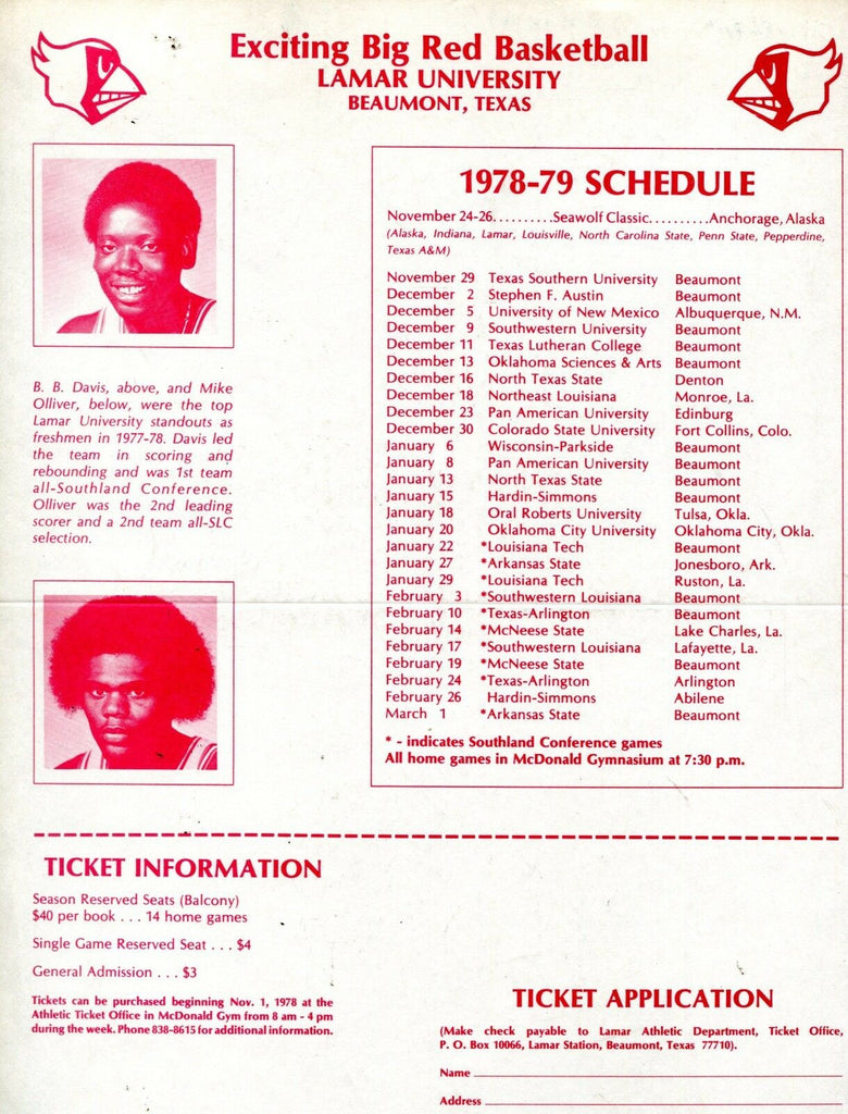 Lamar University 1978-79 Big Red Basketball Schedule Sheet EX 100316jhe