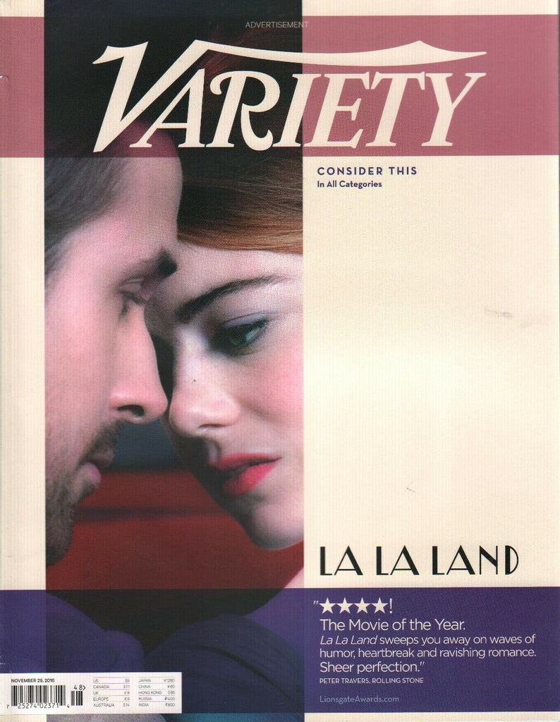 Variety Magazine November 29 2016 La La Land Emma Stone Ryan Gosling 030920AME