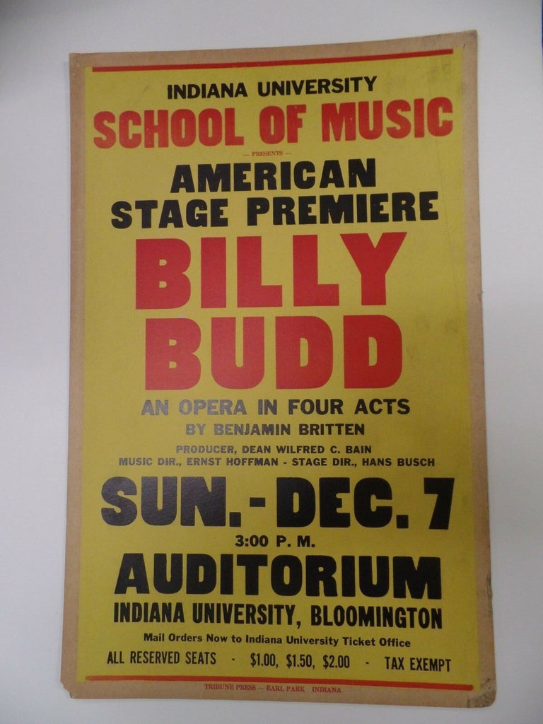 Billy Budd Indiana U School of Music Theater Window Card 22x14" Circa 50's