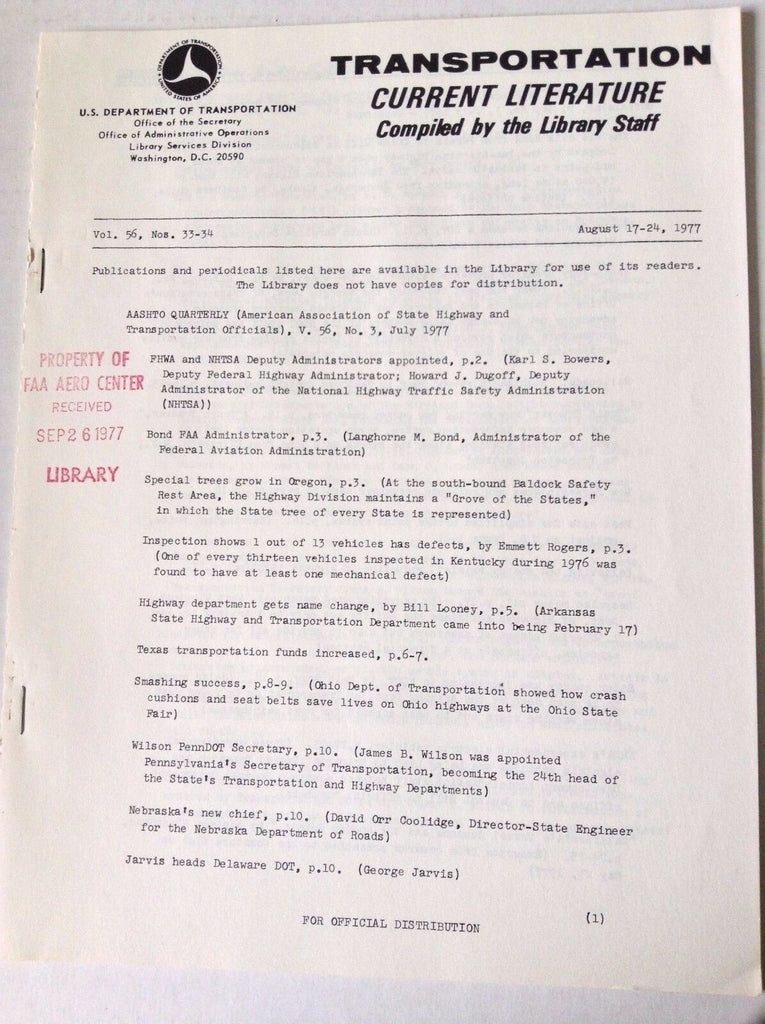 Transportation Current Literature Magazine August 17-24, 1977 FAL 050517nonrh