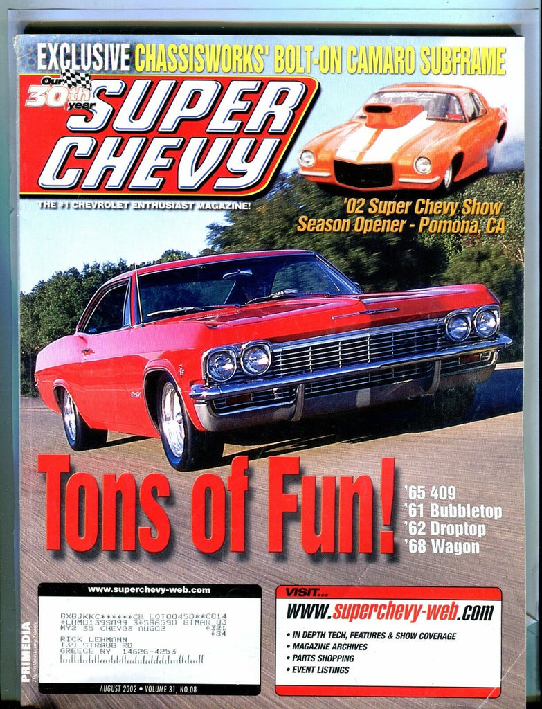 Super Chevy Magazine August 2002 Camaro '65 409 EX w/ML 021717jhe