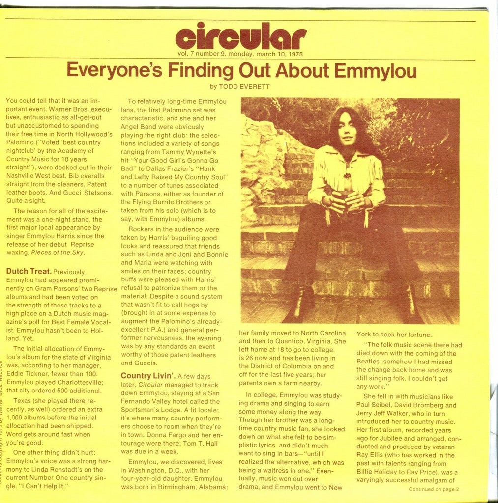 Circular Music Magazine March 10 1975 Emmylou Harris EX 021917jhe