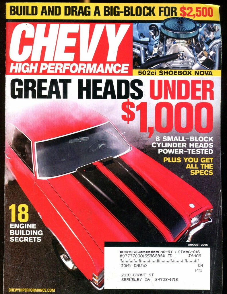Chevy High Performance Magazine August 2006 Great Heads EX w/ML 022517nonjhe