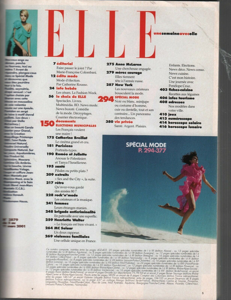 Elle French Magazine 5 Mars 2001 March Helene Renault Friedmann Hauss –  mr-magazine-hobby