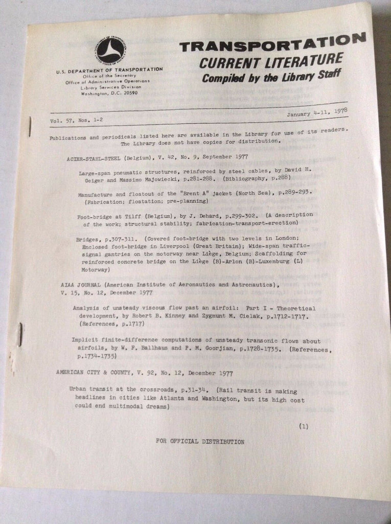 Transportation Current Literature Magazine January 4-11, 1978 FAL 050517nonrh