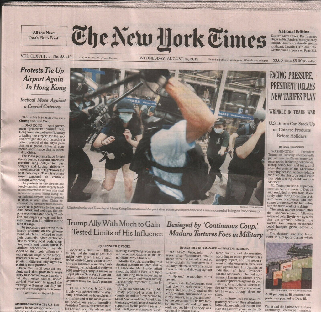 New York Times August 14 2019 Donald Trump Hong Kong Protests 010120AME2