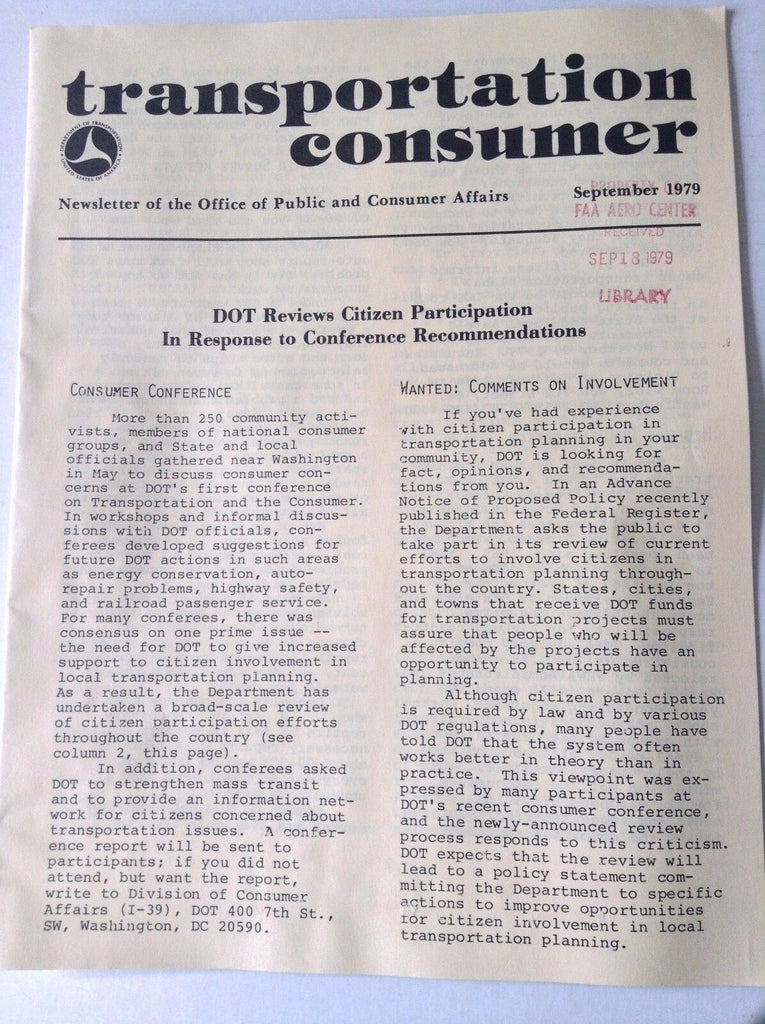 Transportation Consumer Magazine DOT Reviews September 1979 FAL 050717nonrh