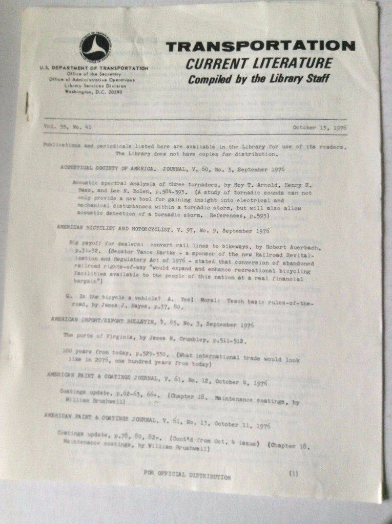 Transportation Current Magazine Acoustical October 13, 1976 FAL 050517nonrh