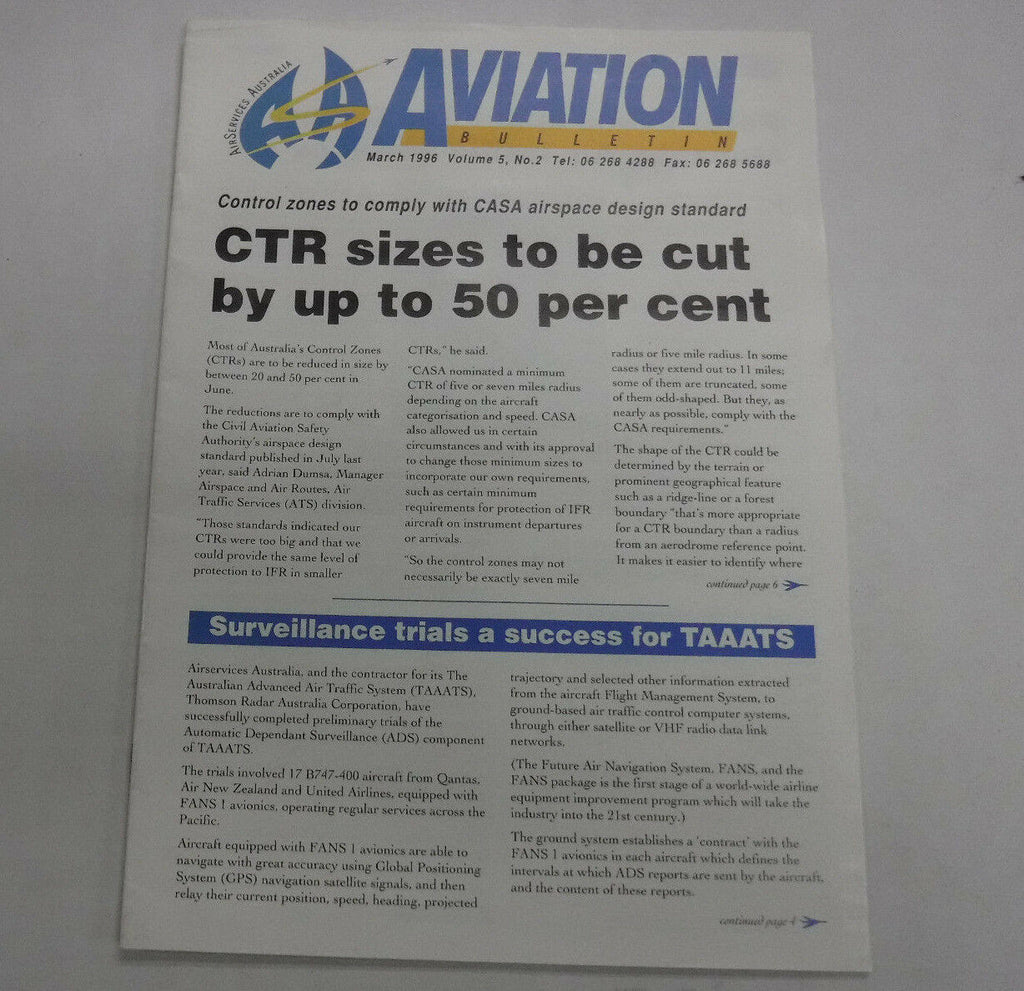Aviation Bulletin Magazine CTR Sizes To Be Cut March 1996 FAA 110216R