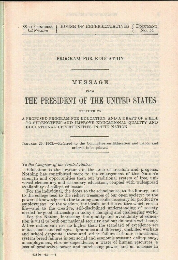 John F Kennedy on Education 1963 Message from the President 011320AME