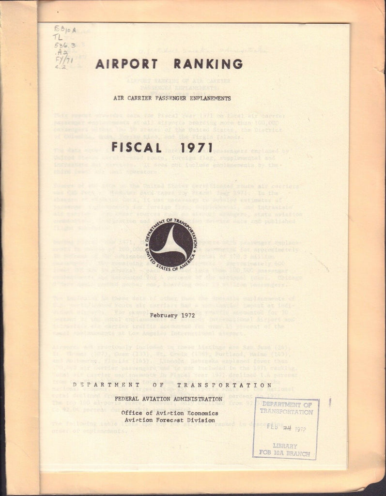 Airport Ranking Fiscal 1971 February 1972 FAA Library 090717FAA