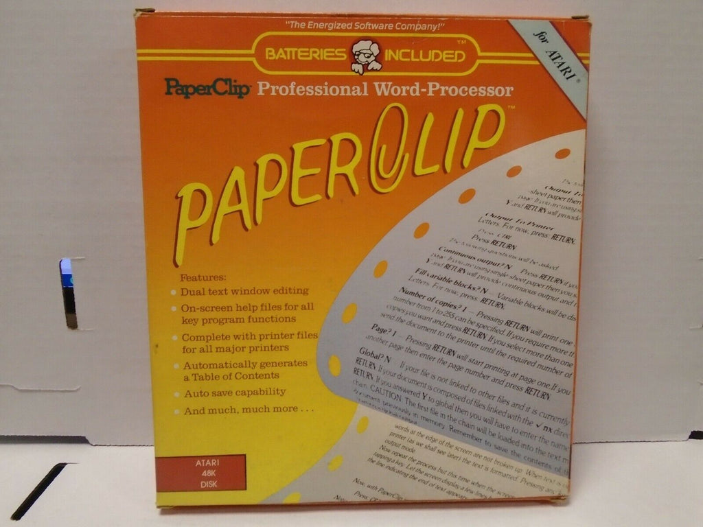 Paperclip Professional Word-Processor for Atari 48K Disk Vintage 1986 011520AME