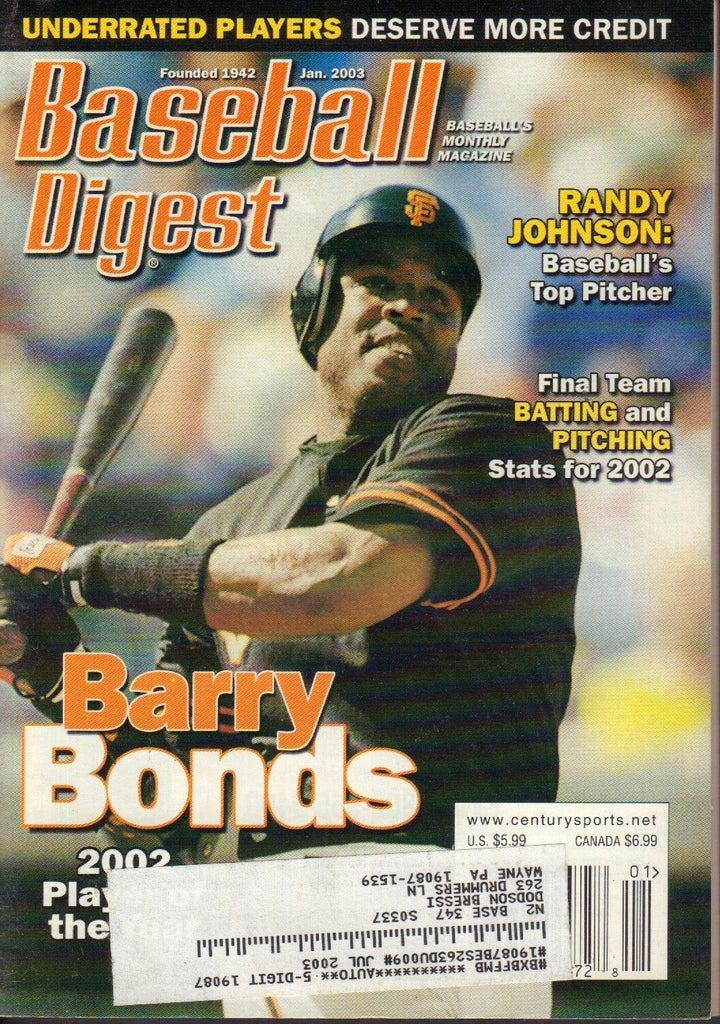 Baseball Digest Magazine January 2003 Barry Bonds 081617nonjhe