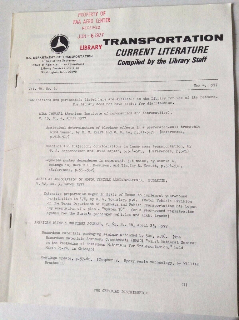 Transportation Current Literature Magazine May 4, 1977 FAL 050517nonrh
