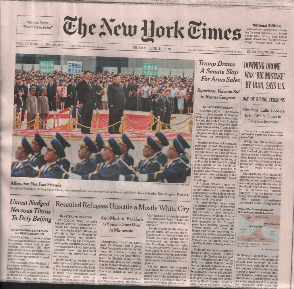 New York Times June 21 2019 Presiden Xi Jinping & Kim Jon-un 010220AME2