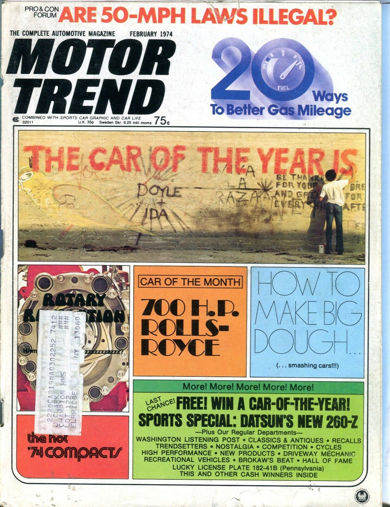 Motor Trend Magazine February 1974 Car Of The Year VG w/ML 092016jhe