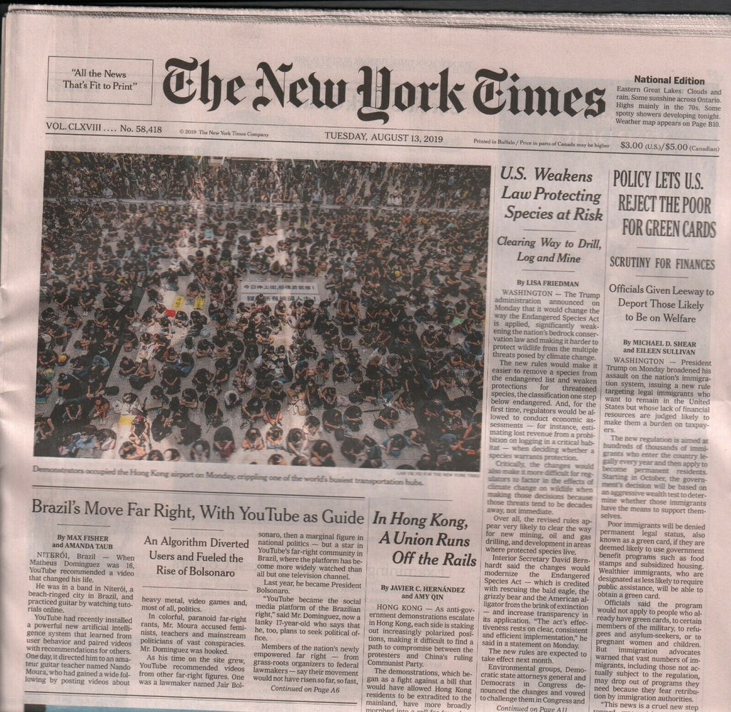 New York Times August 13 2019 Joe Biden Hong Kong Protests 010120AME2