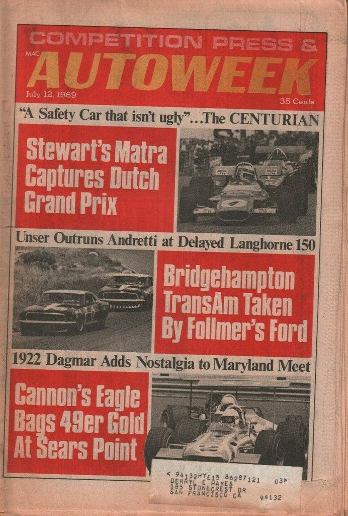 Autoweek July 12 1969 David Phipps Mark Donohue John Hearst Jr w/ML 032619DBE