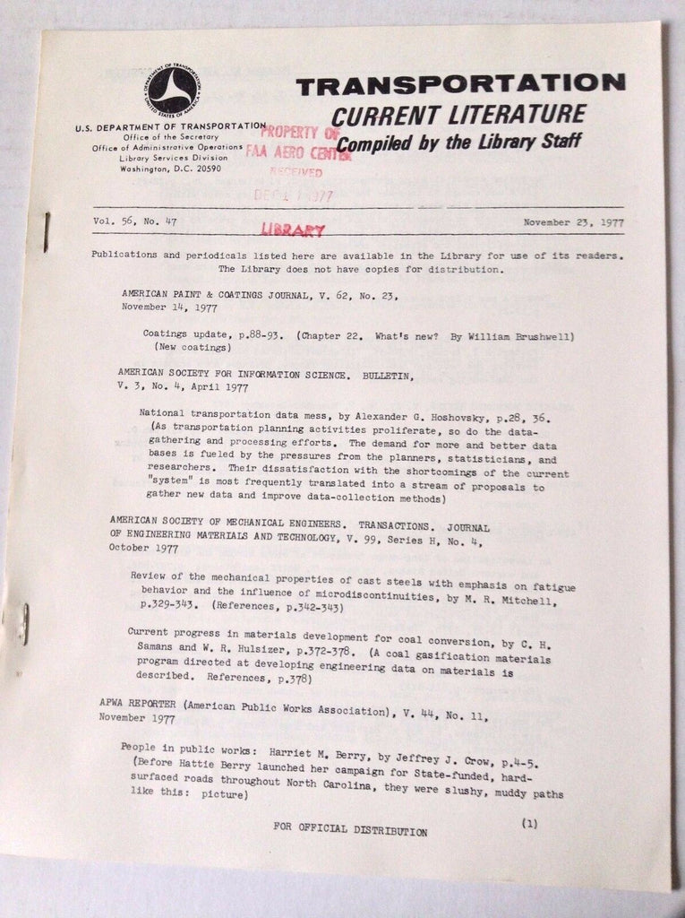 Transportation Current Literature Magazine November 23, 1977 FAL 050517nonrh