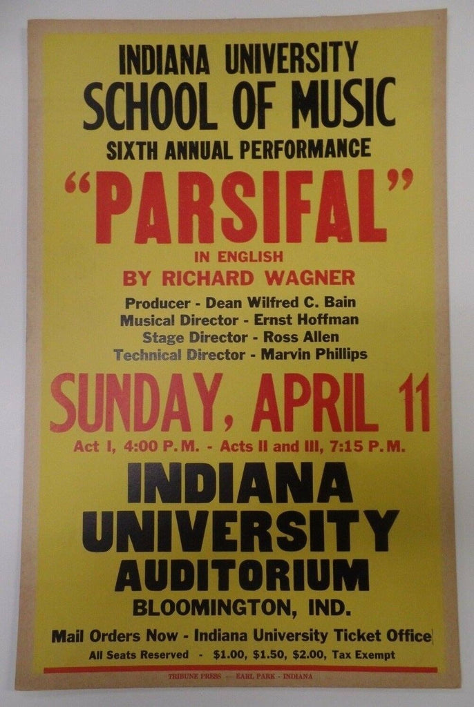 Parsifal Yellow Indiana U School of Music Theater Window Card 22x14" Circa 50's