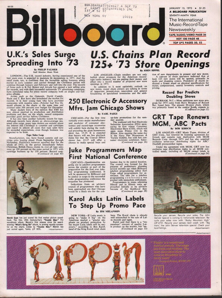 Billboard January 13 1973 Marvin Gaye, John Denver, Pippin w/ML 062817nonDBE