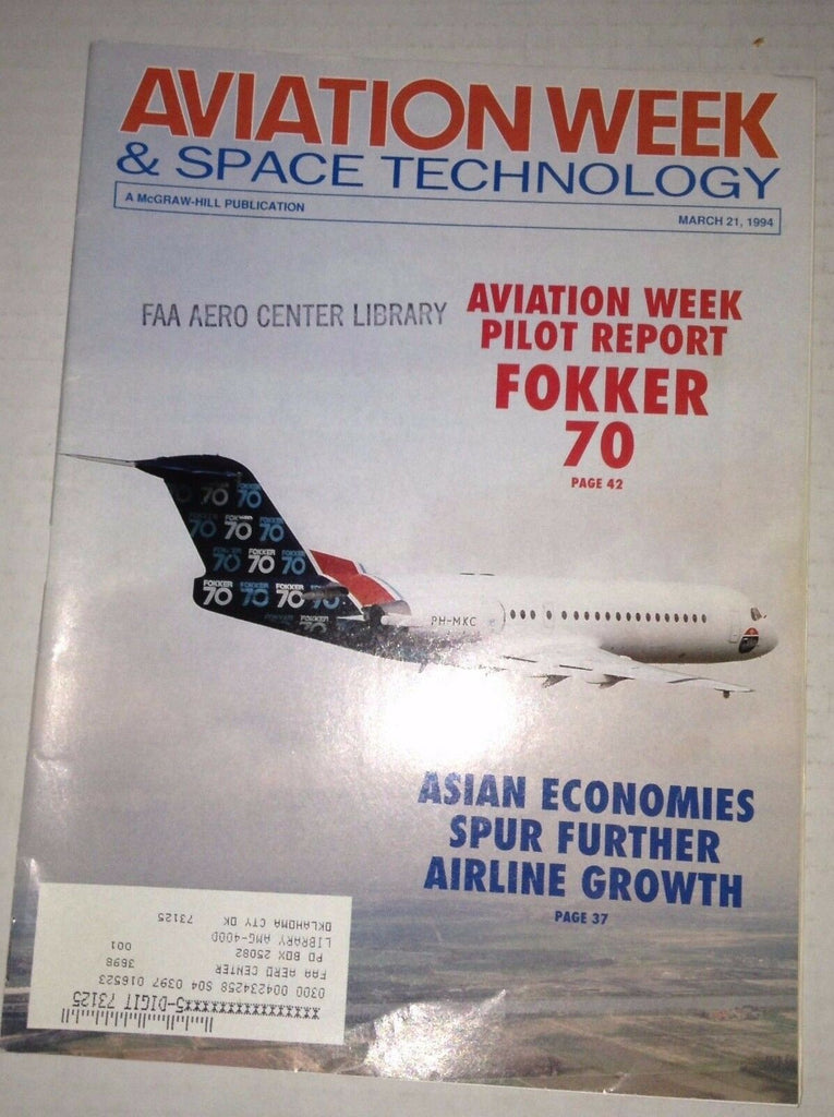 Aviation Week Magazine Fokker 70 Asian Economy March 21, 1994 FAA FAL 111716RH