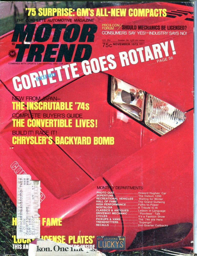 Motor Trend Magazine November 1973 Corvette Goes Rotary VG w/ML 092016jhe