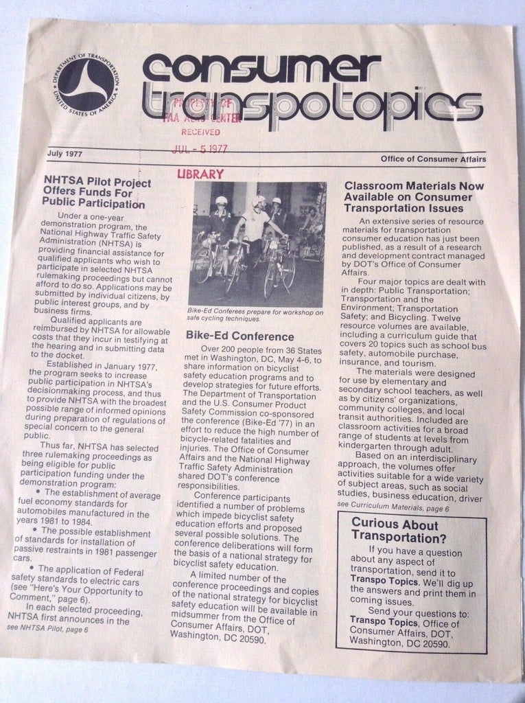 Consumer Transpotopics Magazine NHTSA Pilot Project July 1977 FAL 050717nonrh