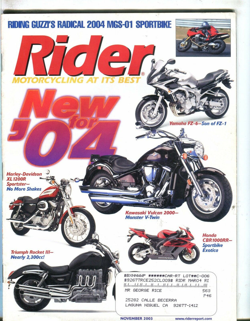 Rider Magazine November 2003 Harley-Davidson EX w/ML 050217nonjhe