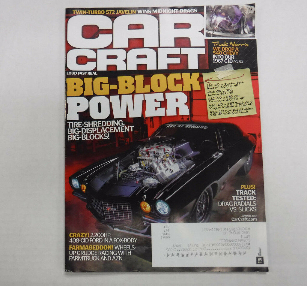 Car Craft Magazine Big-Block Power Twin Turbo 572 Javelin January 2017 111516R