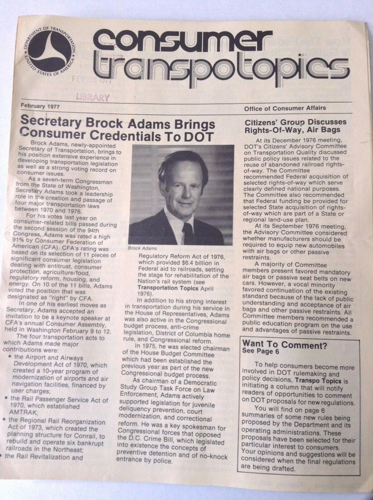 Consumer Transpotopics Magazine Brock Adams February 1977 FAL 050717nonrh