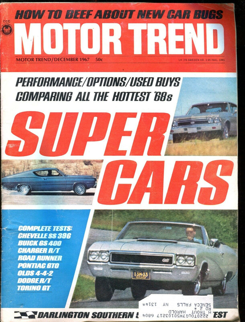 Motor Trend Magazine December 1967 Super Cars VG w/ML 011117jhe