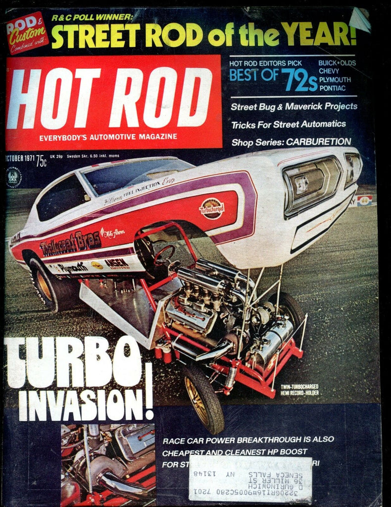 Hot Rod Magazine October 1971 Turbo Invasion VG w/ML 011617jhe