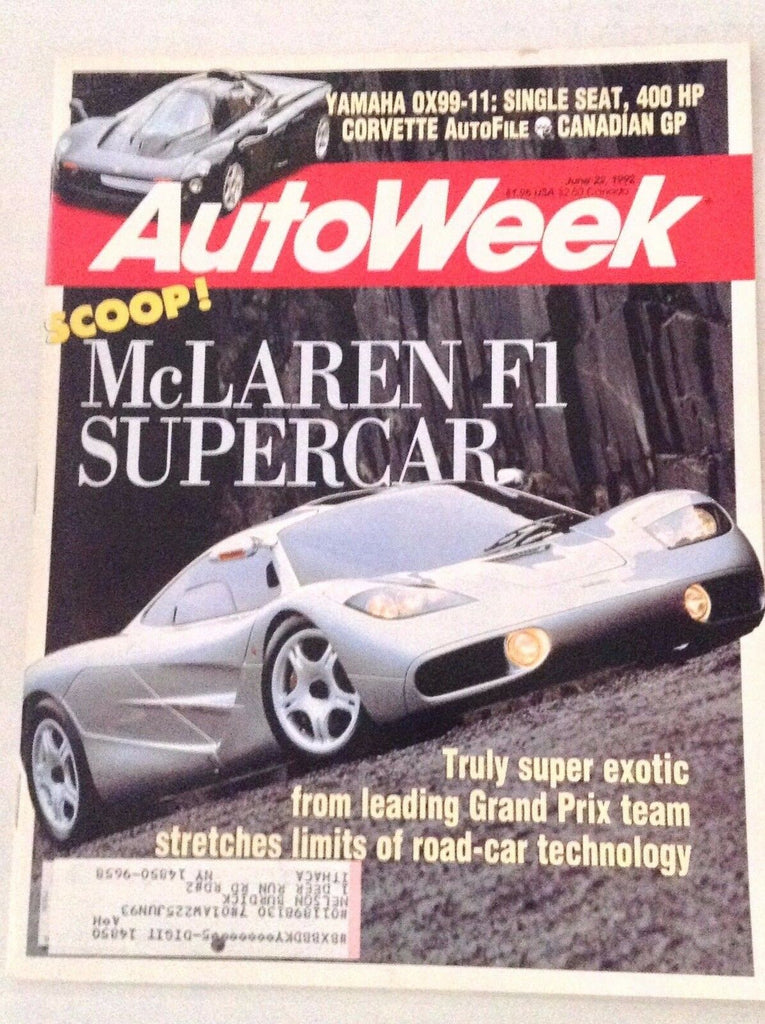 Autoweek Magazine McLaren F1 Supercar June 22, 1992 011617rh