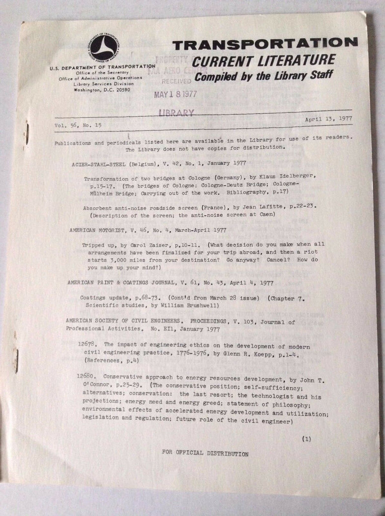 Transportation Current Literature Magazine April 13, 1977 FAL 050517nonrh