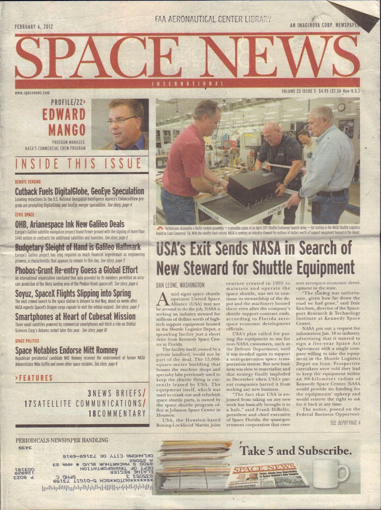 Space News February 6 2012 Edward mango, GeoEye, NASA FAA w/ML 110716DBE