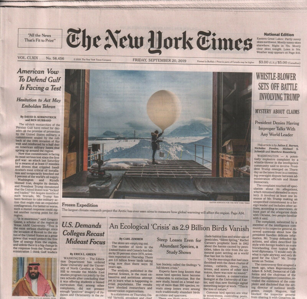 New York Times September 20 2019 Donald Trump Whistle Blower 010120AME2