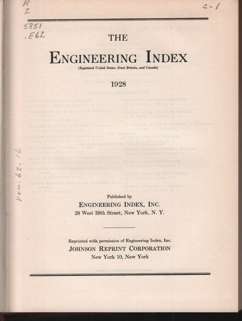 The Engineering Index 1928 American Society Mechanical Engineers FAA 102418AME2