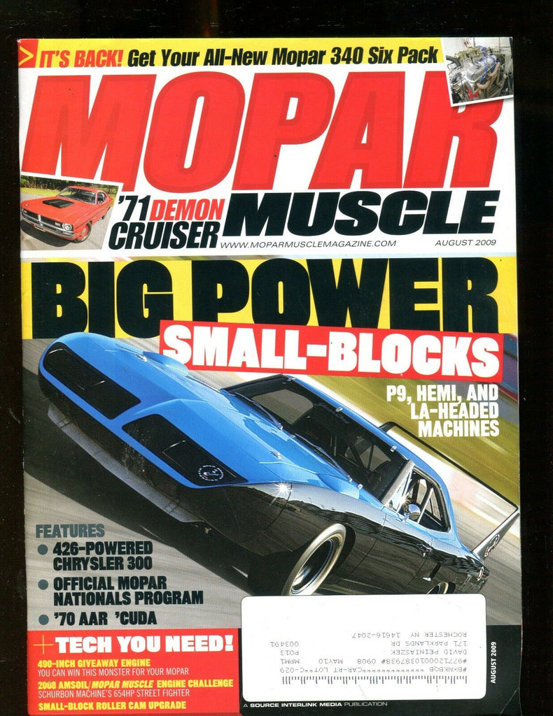 Mopar Muscle Magazine August 2009 Big Power Small-Blocks EX w/ML 011717jhe