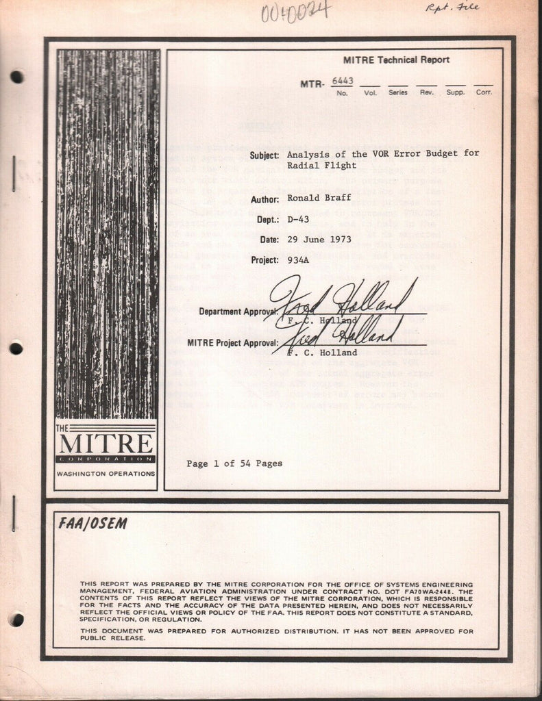 MITRE Technical Report VOR Error Budget for Radial Flight 6443 exFAA 062918DBE2