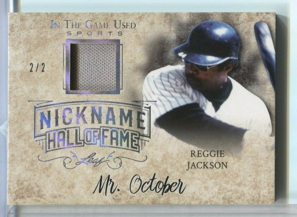 Reggie Jackson 2/2 Nickname HOF Mr October Jersey Card Leaf NHF-28 121719DBCD