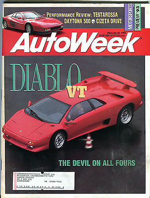 AutoWeek Magazine February 22 1993 Diablo VT Testarossa EX 011116jhe