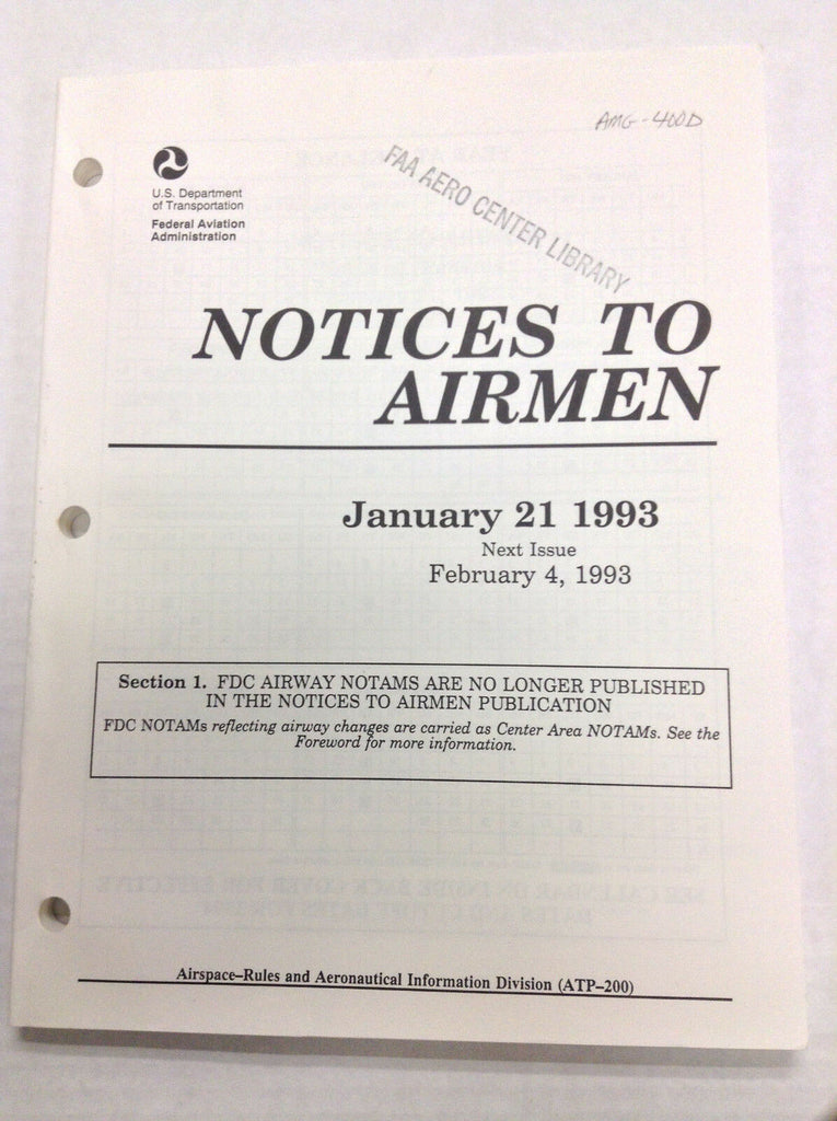Notices To Airmen Magazine FDC Airway Notams January 21, 1993 022217R