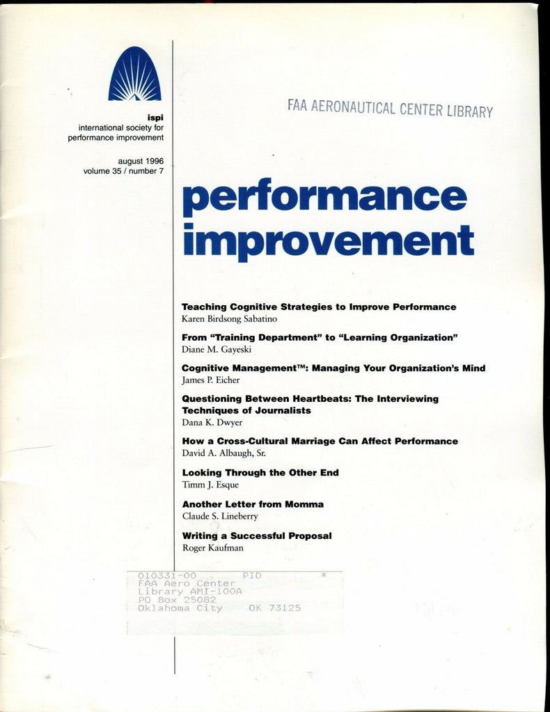 Performance Improvement Magazine August 1996 FAA EX w/ML 022417nonjhe