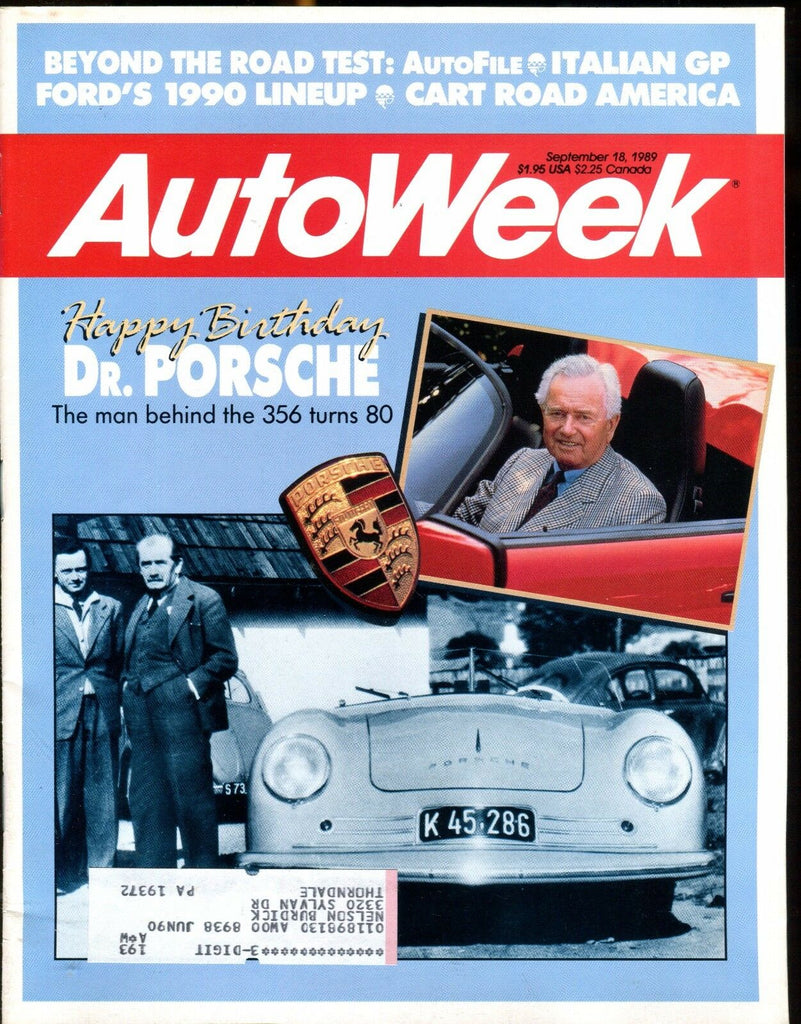 AutoWeek Magazine September 18 1989 Ferry Porsche EX w/ML 022217nonjhe